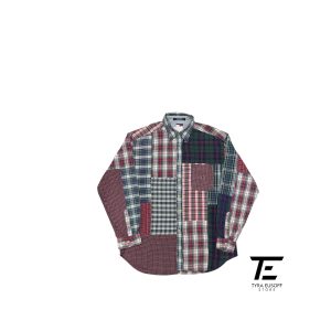 (2XL) Tommy Hilfiger Patchwork Plaid Shirt Mens Size Medium Red Preppy Long Sleeve 90s (TES438)