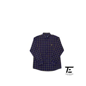 (XL) Polo Sport Navy Blue and Yellow Windowpane Checked Long Sleeve Shirt